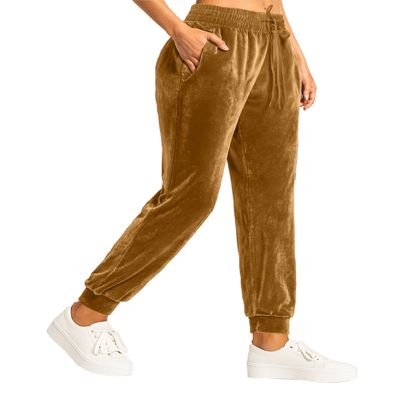 Conceited Velvet Joggers for Women - Soft Warm Velour Pants - Tan/Camel - Medium