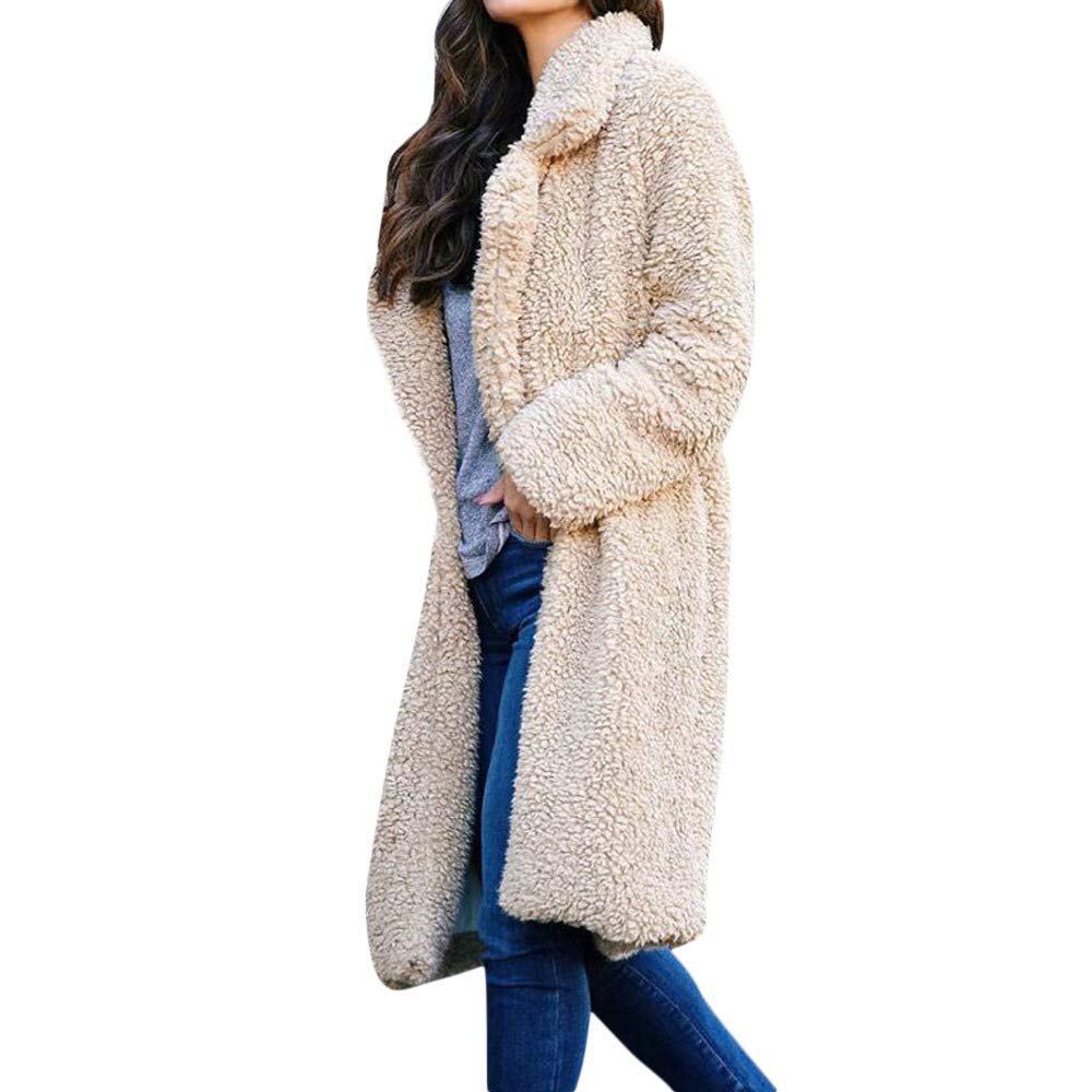 JOFOW Women Lapel Coat,Solid Fleece Jacket Autumn Winter Casual Faux Shearing Parka Warm Chunky Cardigan Outwear (M,Beige)