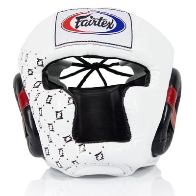 Fairtex Headgear HG10 | Protective Headgear for Muay Thai | Enhanced Comfort & Vision with Adjustable Straps & Multi-Layered Foam Padding |Prevents Injuries to Ears, Cheeks & Chin (Medium-White)