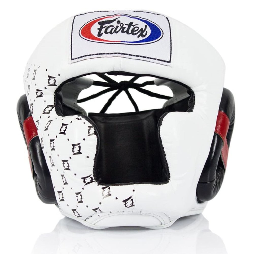 Fairtex Headgear HG10 | Protective Headgear for Muay Thai | Enhanced Comfort & Vision with Adjustable Straps & Multi-Layered Foam Padding |Prevents Injuries to Ears, Cheeks & Chin (Medium-White)
