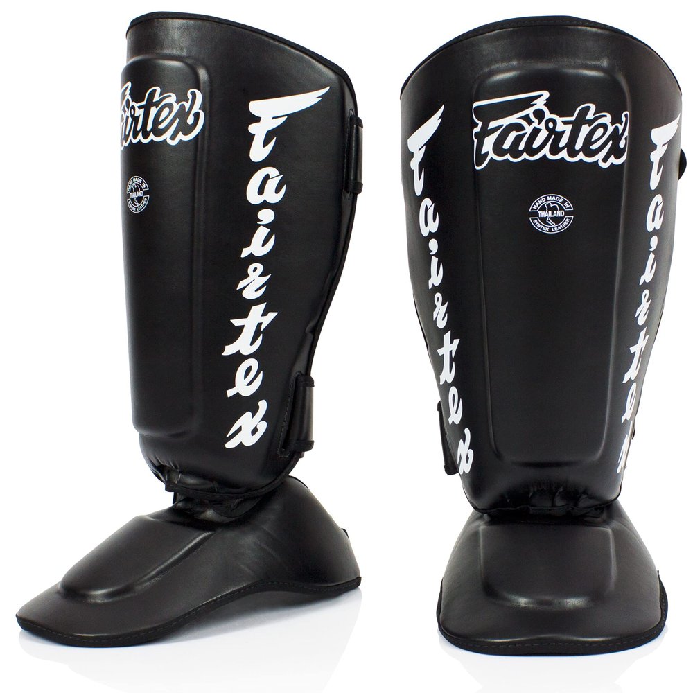 Fairtex SP7 Muay Thai Shin Guards for Men, Women, Kids | Shinguards Made with Syntek Leather & are Premium, Lightweight & Durable | Detachable shin & Foot Protector- Extra Large, Black