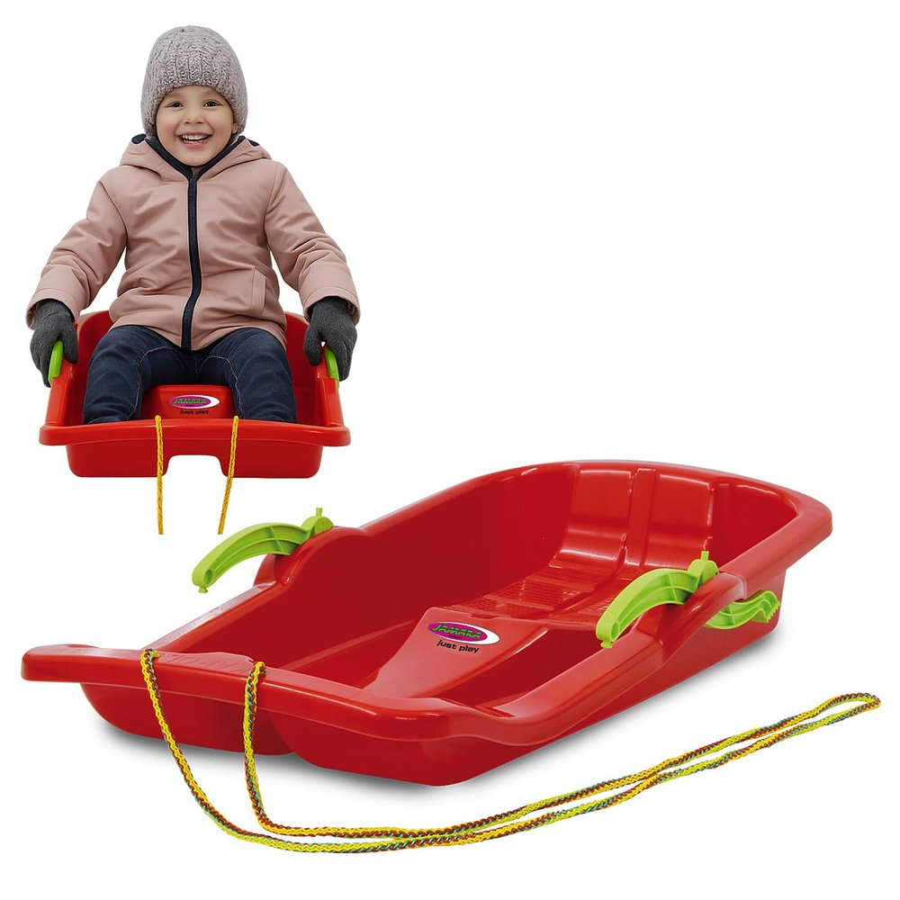 Jamara 460364 460364-Snow Play Bob Karol with Brake 80cm Steering by Pulling The respective handbrake, Rope, Aerodynamic Construction, Durable, Red