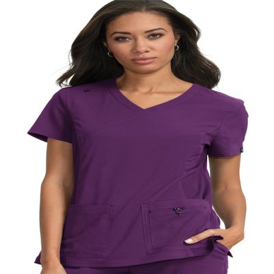KOI Basics Katie Women's 4-Pocket Mock-Wrap Scrub Top Eggplant Large