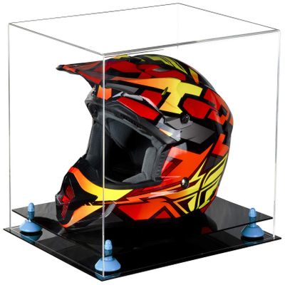 Better Display Cases Clear Acrylic Motorcycle Motocross or Racing Helmet Display Case with Light Blue Risers (A024-BLR)