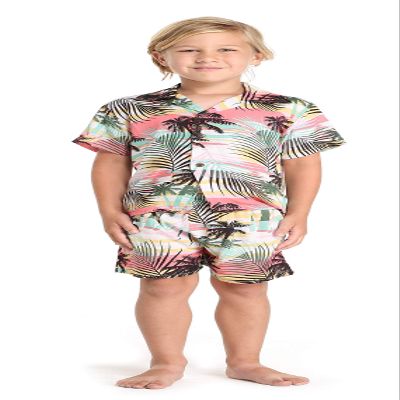 Boy Hawaiian Shirt and Shorts Cabana Set in Neon Pastel Sunset Size 6