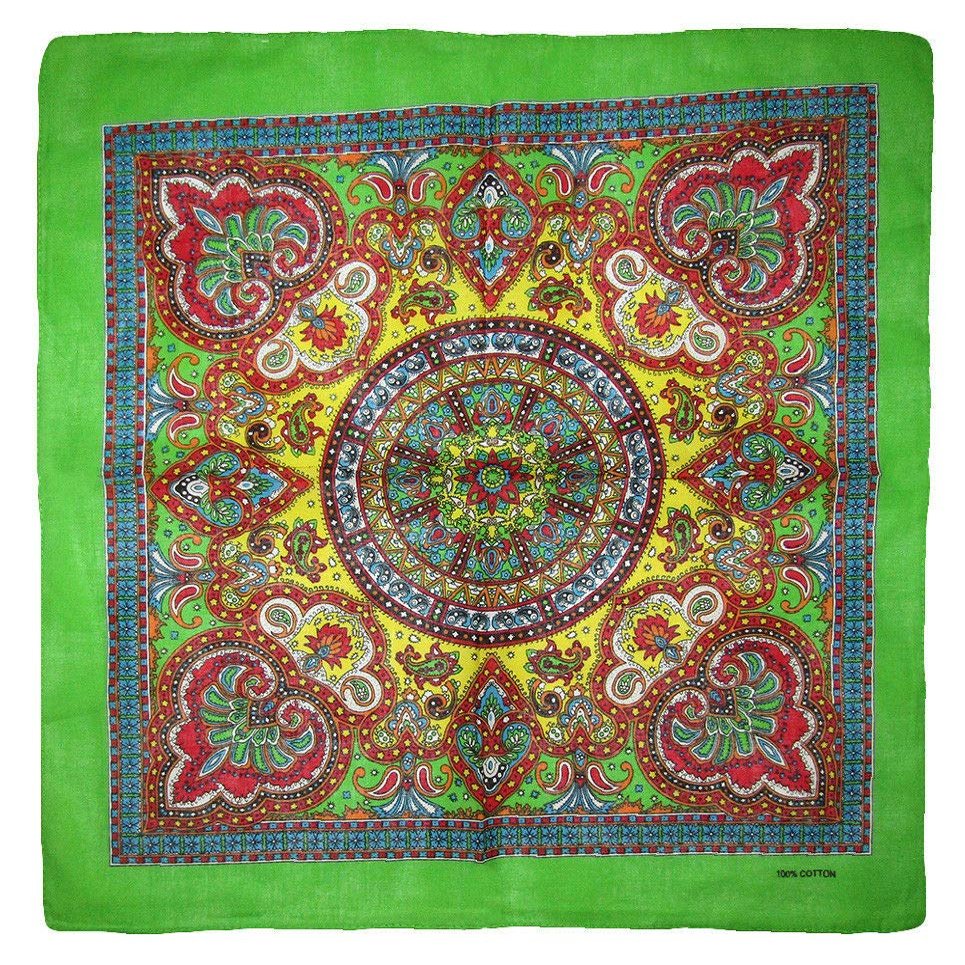 MWS 22"x22" Ornate Paisley Mosaic Multi Color Green 100% Cotton Bandanna