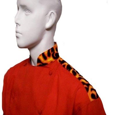 CHEFSKIN Beautiful Flames Chef Jacket Coat in RED with Orange Red Yellow Flames, Cool Light, Makes a Great Gift! (REG-50 in.)
