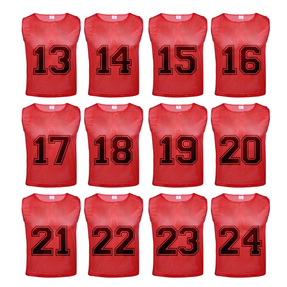 Athllete Youth Soccer Pinnies - 12 Pack Numbered Jerseys for Sports, Medium Red