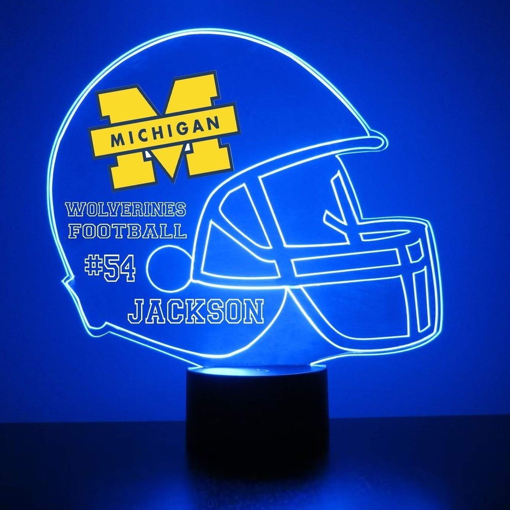 Custom University of Michigan Wolverines Football Helmet LED Sign Night Light Lamp with Remote and Personalized Name or Image, Officially Licensed from The CLC by Mirror Magic Gifts, Made in The USA
