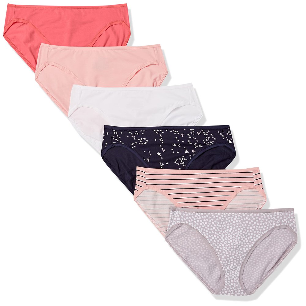Amazon Essentials Women's Cotton High Leg Brief Underwear (Available in Plus Size), Breathable, Pack of 6, Multicolor/Dots/Stars/Stripe, Medium