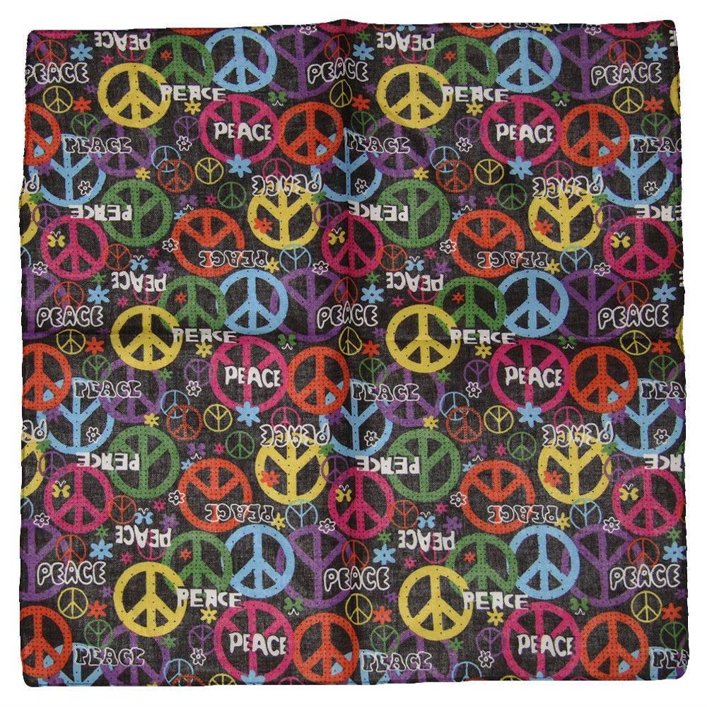 MWS 22"x22" PEACE Letter Rainbow Multi-Color Peace Signs 100% Cotton Bandanna