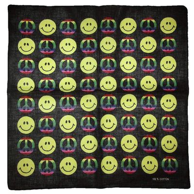 MWS 22"x22" Rainbow Peace Sign Yellow Smiley Face Black 100% Cotton Bandanna
