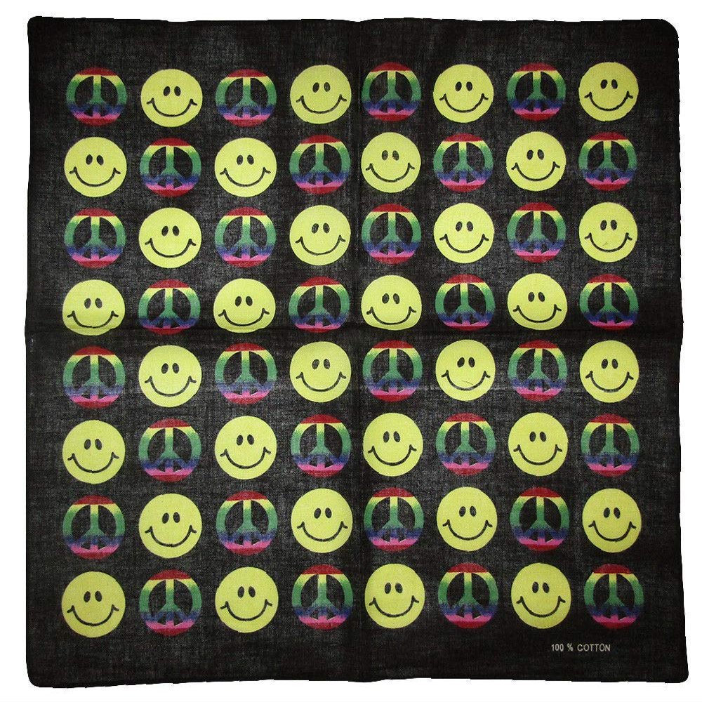 MWS 22"x22" Rainbow Peace Sign Yellow Smiley Face Black 100% Cotton Bandanna