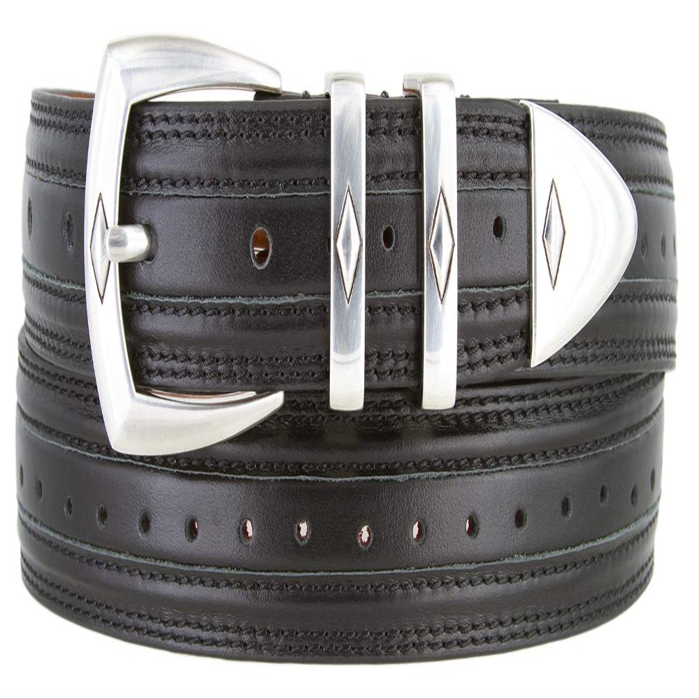 3146 Silver Diamond Perforated Leather Dress Belt - 1 1/8" wide (Black, 48)