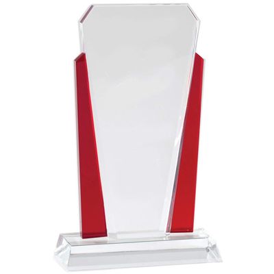 SHOP AWARDS AND GIFTS Optical Crystal Slanted Tower Trophy, Personalized, Custom Engraved Recognition Corporate or Military Award, Red 7 Inch