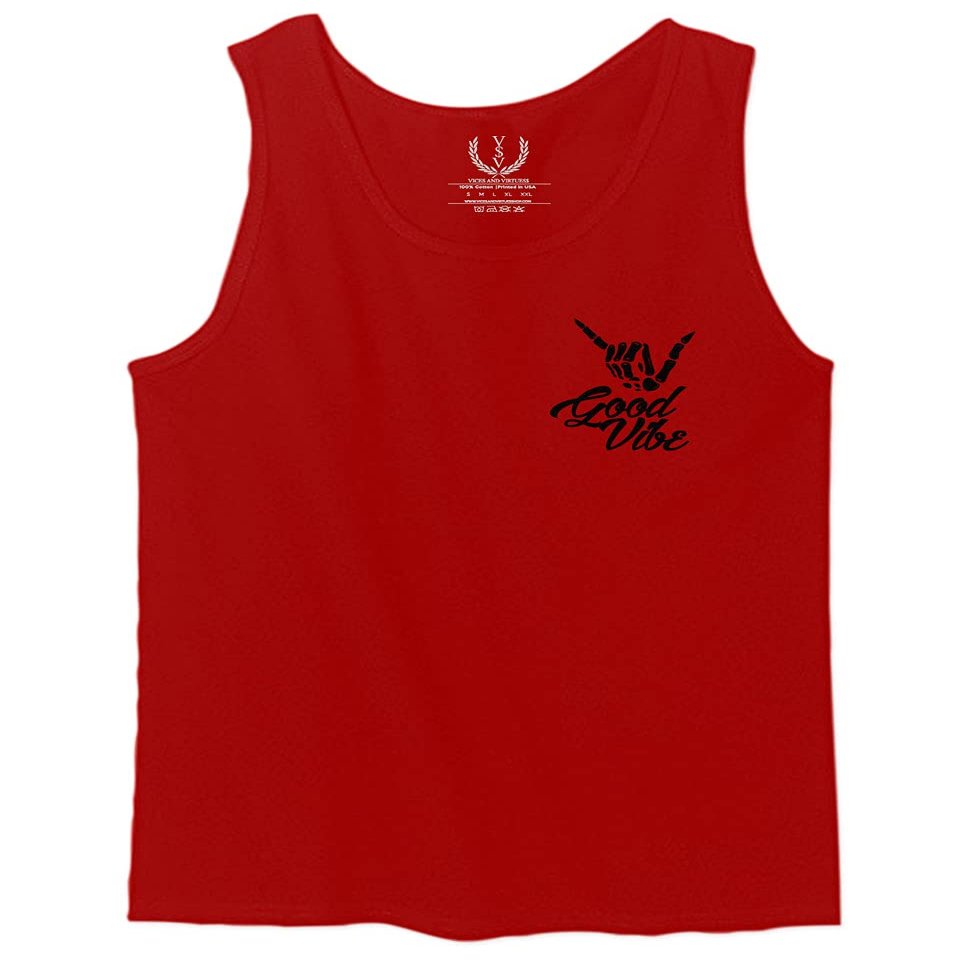 0115. Skeleton Shaka Good Vibes Graphic Vintage Surf Bones Hand Men's Tank Top (Red, X-Large)