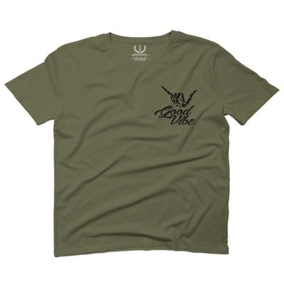 0115. Skeleton Shaka Good Vibes Graphic Vintage Surf Bones Hand for Men T Shirt (Olive Green, 2X-Large)