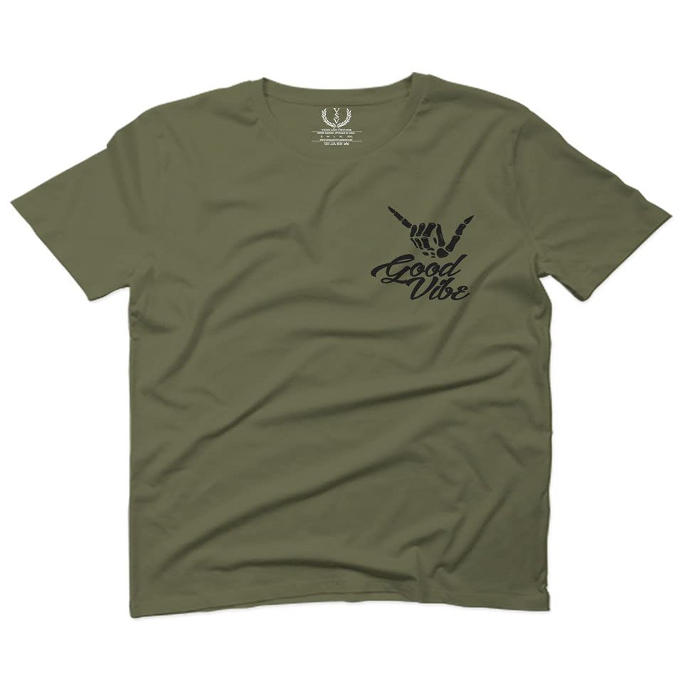 0115. Skeleton Shaka Good Vibes Graphic Vintage Surf Bones Hand for Men T Shirt (Olive Green, 2X-Large)