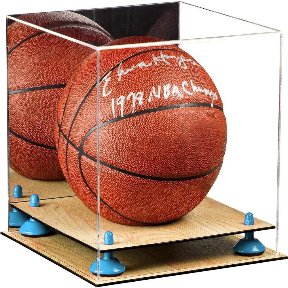 Better Display Cases Basketball Holder Clear Full Size Acrylic Display Case with Blue Risers ,Mirror case, Wood Two Tiered Base 11" L x 11" W x 11" H (A001-BLR)