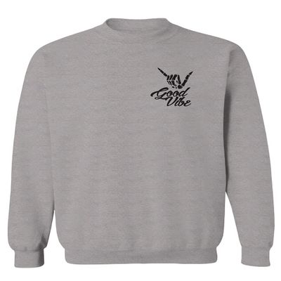 0115. Skeleton Shaka Good Vibes Graphic Vintage Surf Bones Hand Men's Crewneck Sweatshirt (Light Gray X-Large)
