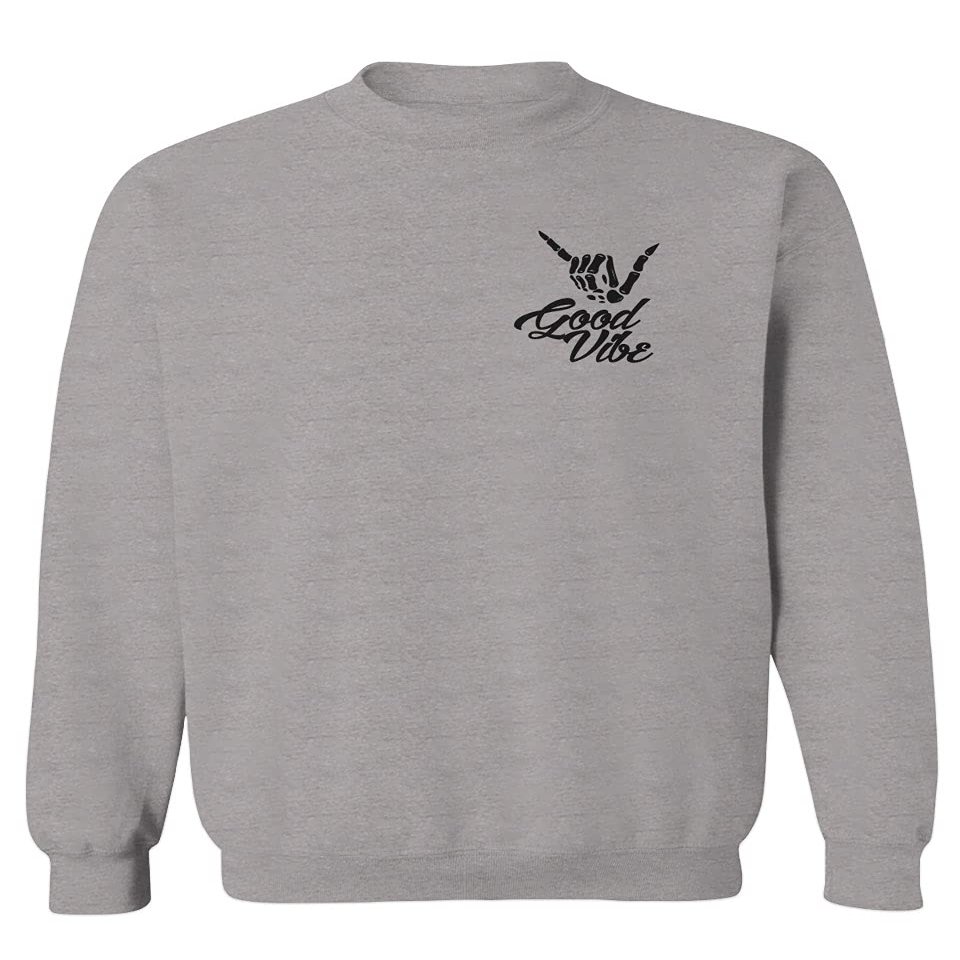 0115. Skeleton Shaka Good Vibes Graphic Vintage Surf Bones Hand Men's Crewneck Sweatshirt (Light Gray X-Large)