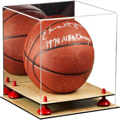 Better Display Cases Basketball Holder Clear Full Size Acrylic Display Case with Red Risers ,Mirror case,Wood Two Tiered Base 11" L x 11" W x 11" H (A001-RR)