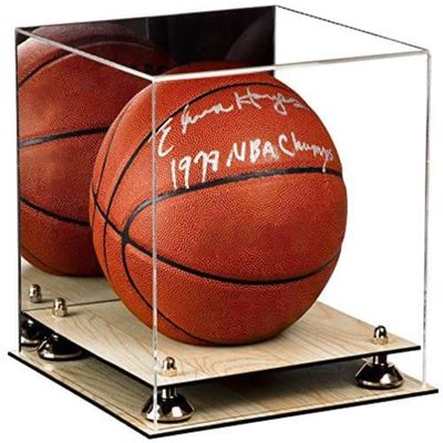 Better Display Cases Basketball Holder Clear Full Size Acrylic Display Case with Silver Risers ,Mirror case,Wood Two Tiered Base 11" L x 11" W x 11" H (A001-SR)