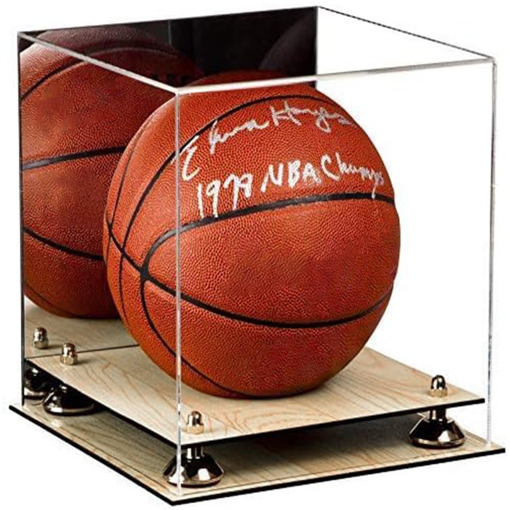 Better Display Cases Basketball Holder Clear Full Size Acrylic Display Case with Silver Risers ,Mirror case,Wood Two Tiered Base 11" L x 11" W x 11" H (A001-SR)