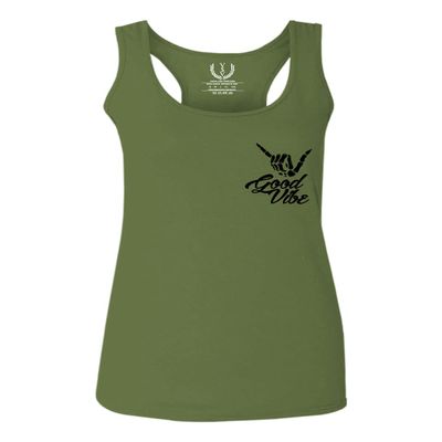 0115. Skeleton Shaka Good Vibes Graphic Vintage Surf Bones Hand Women's Tank Top Racerback (Olive, Small)