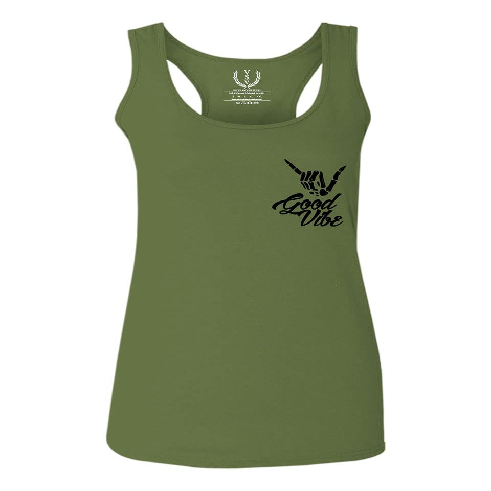 0115. Skeleton Shaka Good Vibes Graphic Vintage Surf Bones Hand Women's Tank Top Racerback (Olive, Small)