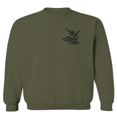 0115. Skeleton Shaka Good Vibes Graphic Vintage Surf Bones Hand Men's Crewneck Sweatshirt (Olive, X-Large)