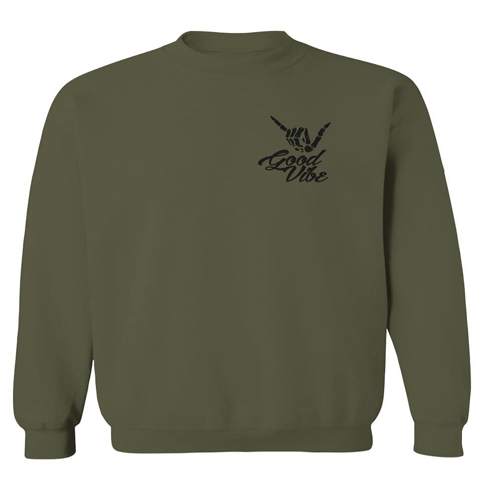 0115. Skeleton Shaka Good Vibes Graphic Vintage Surf Bones Hand Men's Crewneck Sweatshirt (Olive, X-Large)