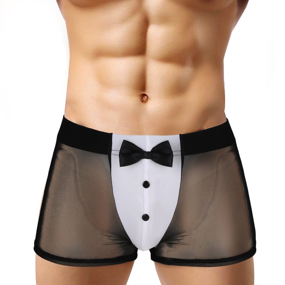 ranrann Sexy Men's Tuxedo Boxer Briefs See Through Mesh Underwear with Rabbit Ears Back Black X-Large