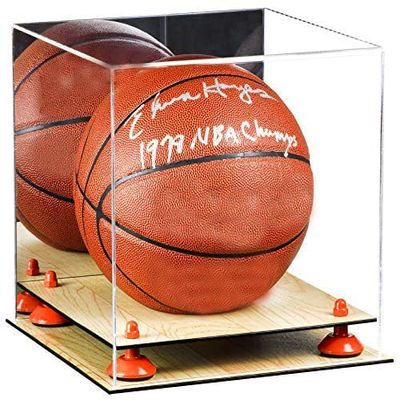 Better Display Cases Basketball Holder Clear Full Size Acrylic Display Case with Orange Risers ,Mirror Back, Wood Two Tiered Base 11" L x 11" W x 11" H (A001-OR)