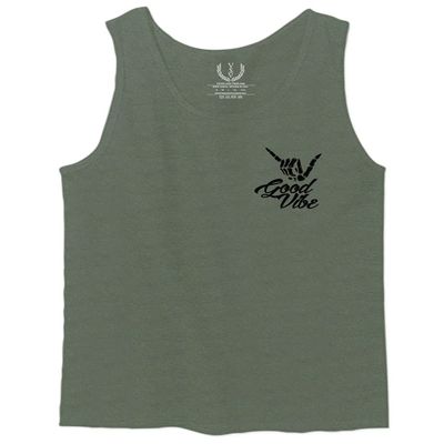 0115. Skeleton Shaka Good Vibes Graphic Vintage Surf Bones Hand Men's Fitted Tank Top (Olive, X-Large)