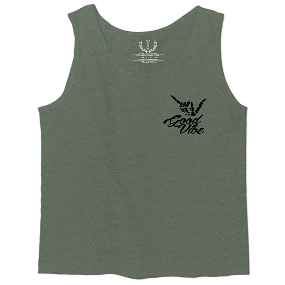 0115. Skeleton Shaka Good Vibes Graphic Vintage Surf Bones Hand Men's Fitted Tank Top (Olive, X-Large)