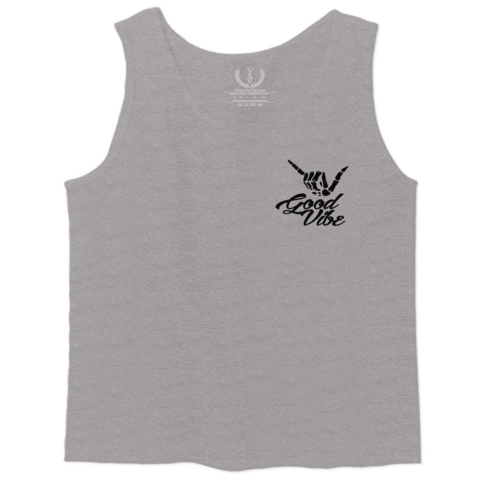0115. Skeleton Shaka Good Vibes Graphic Vintage Surf Bones Hand Men's Tank Top (Light Gray 2X-Large)
