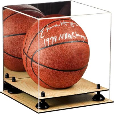 Better Display Cases Basketball Holder Clear Full Size Acrylic Display Case with Black Risers ,Mirror case,Wood Two Tiered Base 11" L x 11" W x 11" H (A001-BR)