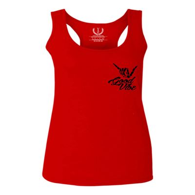0115. Skeleton Shaka Good Vibes Graphic Vintage Surf Bones Hand Women's Tank Top Racerback (Red, Large)