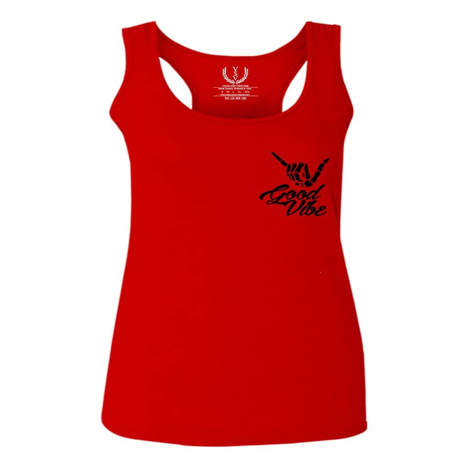 0115. Skeleton Shaka Good Vibes Graphic Vintage Surf Bones Hand Women's Tank Top Racerback (Red, Large)