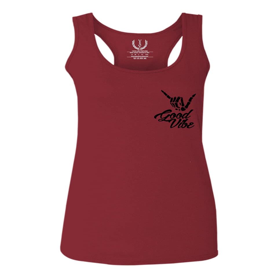 0115. Skeleton Shaka Good Vibes Graphic Vintage Surf Bones Hand Women's Tank Top Racerback (Maroon, Large)