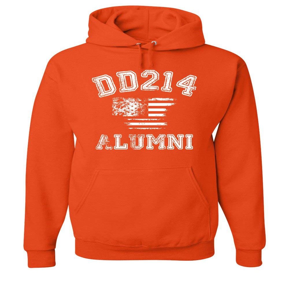 Tee Hunt DD214 Alumni Distressed American Flag Hoodie Military Veteran Sweatshirt Orange Small