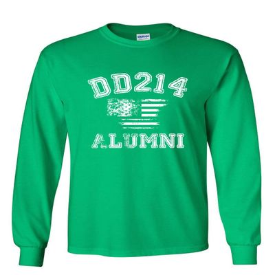 DD214 Alumni Distressed American Flag Long Sleeve T-Shirt Military Veteran Tee Green 3X-Large