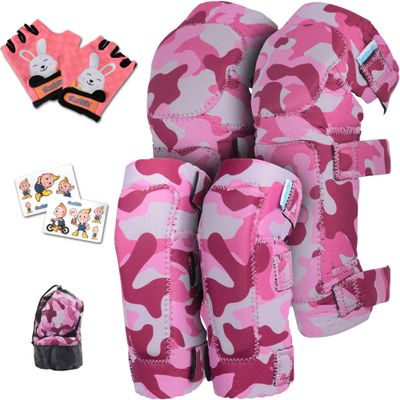 Soft-Style Kids Knee and Elbow Pads with Bike Gloves, Flexible Impact-Resistant Gear for Ages 2-11, Designed for Balance Bikes, Roller-Skating, and Skateboarding ((2nd Gen) Pink Camo, Medium)