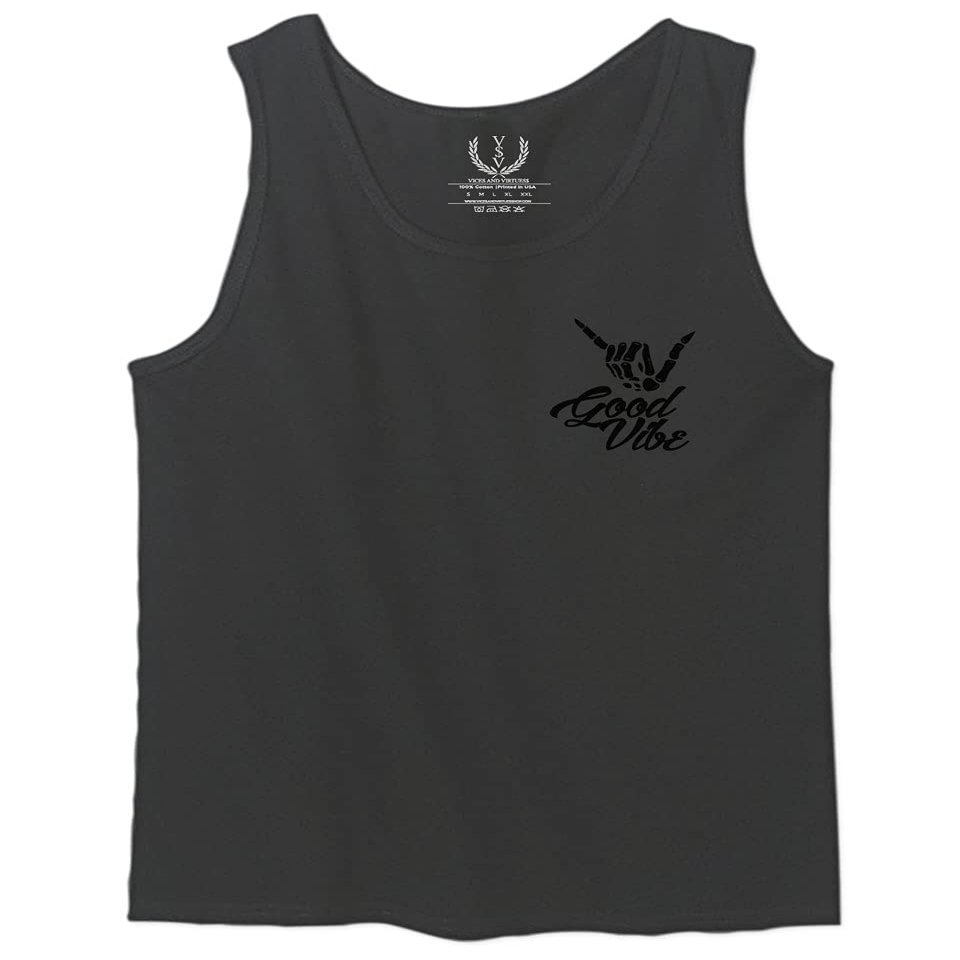 0115. Skeleton Shaka Good Vibes Graphic Vintage Surf Bones Hand Men's Tank Top (Charcoal, Small)