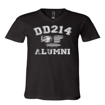 DD214 Alumni Distressed American Flag V-Neck T-Shirt Military Veteran Tee Black Small