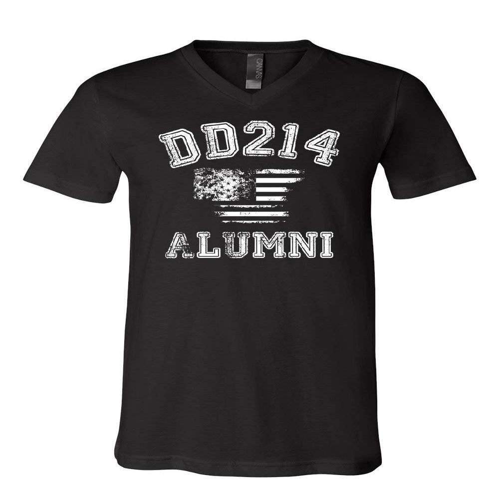 DD214 Alumni Distressed American Flag V-Neck T-Shirt Military Veteran Tee Black Small