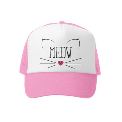 Grom Squad Kids Trucker Hat - Mesh Adjustable Toddler Baseball Hat for Boys & Girls - Baby, Infant, Toddler, School-Age Sizes 2-5 Years, Meow, Pink/White