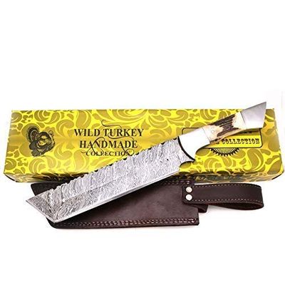 Wild Turkey Handmade Damascus Steel Collection Full Tang Tanto Blade Fixed Blade Knife w/Leather Sheath Hunting Camping Fishing Outdoors Sharp Blade (Stag)