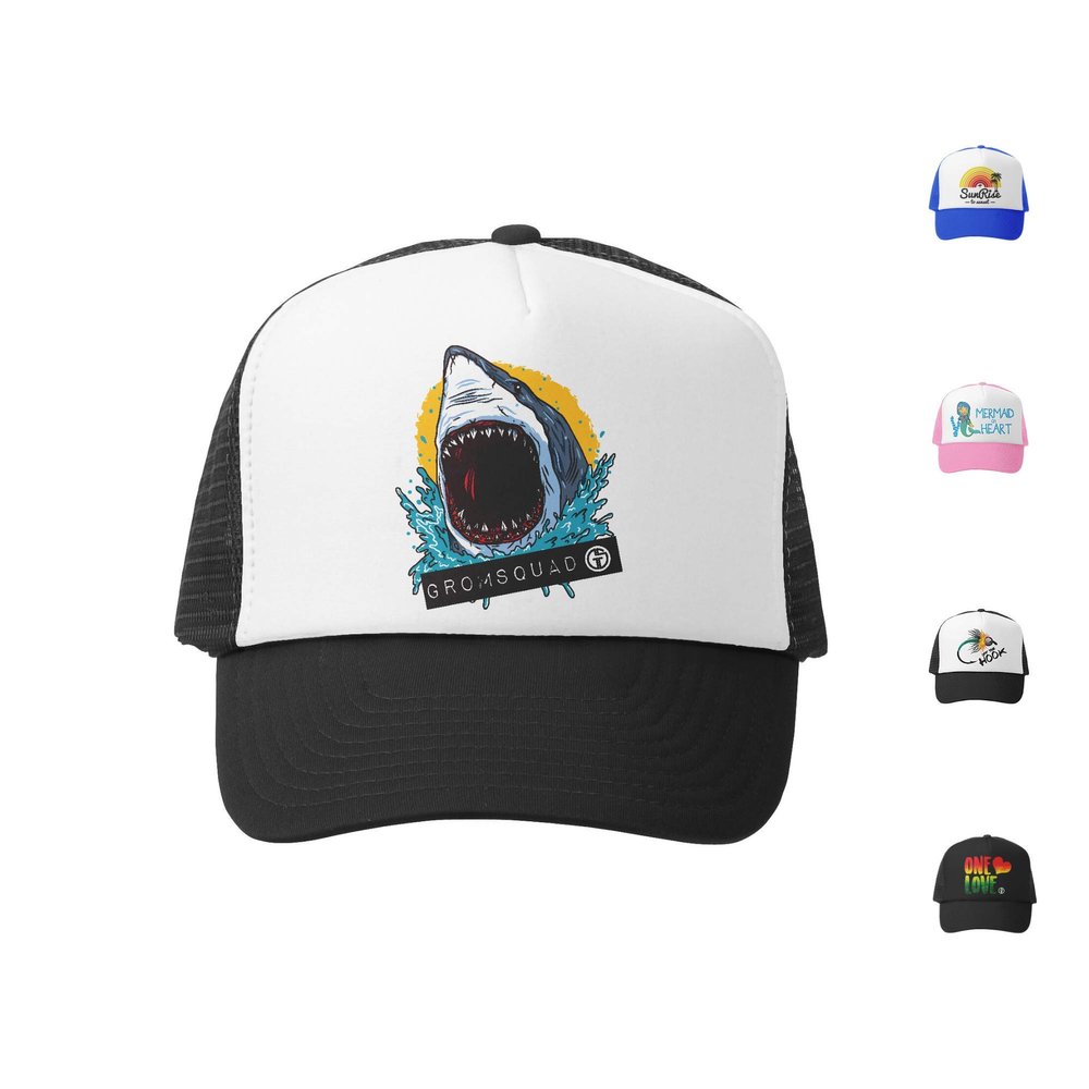 Grom Squad Kids Trucker Hat - Mesh Adjustable Toddler Baseball Hat for Boys & Girls - Baby, Infant, Toddler, School-Age Sizes 5-10 Years, Jaws, Black & White